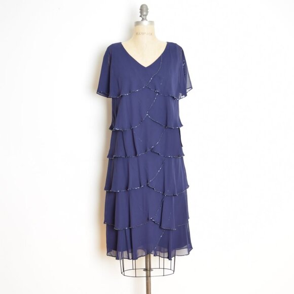 vintage Y2K dress navy tiered fairy flapper flutter beaded party midi witch M - Picture 1 of 8